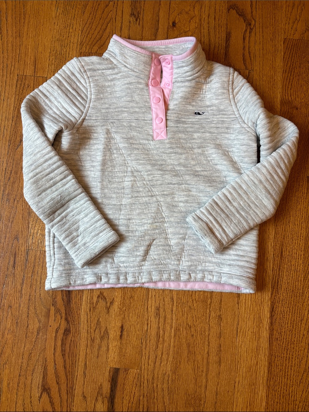 Vineyard Vines Heather Gray Quilted Pullover with Pink Snap Placket